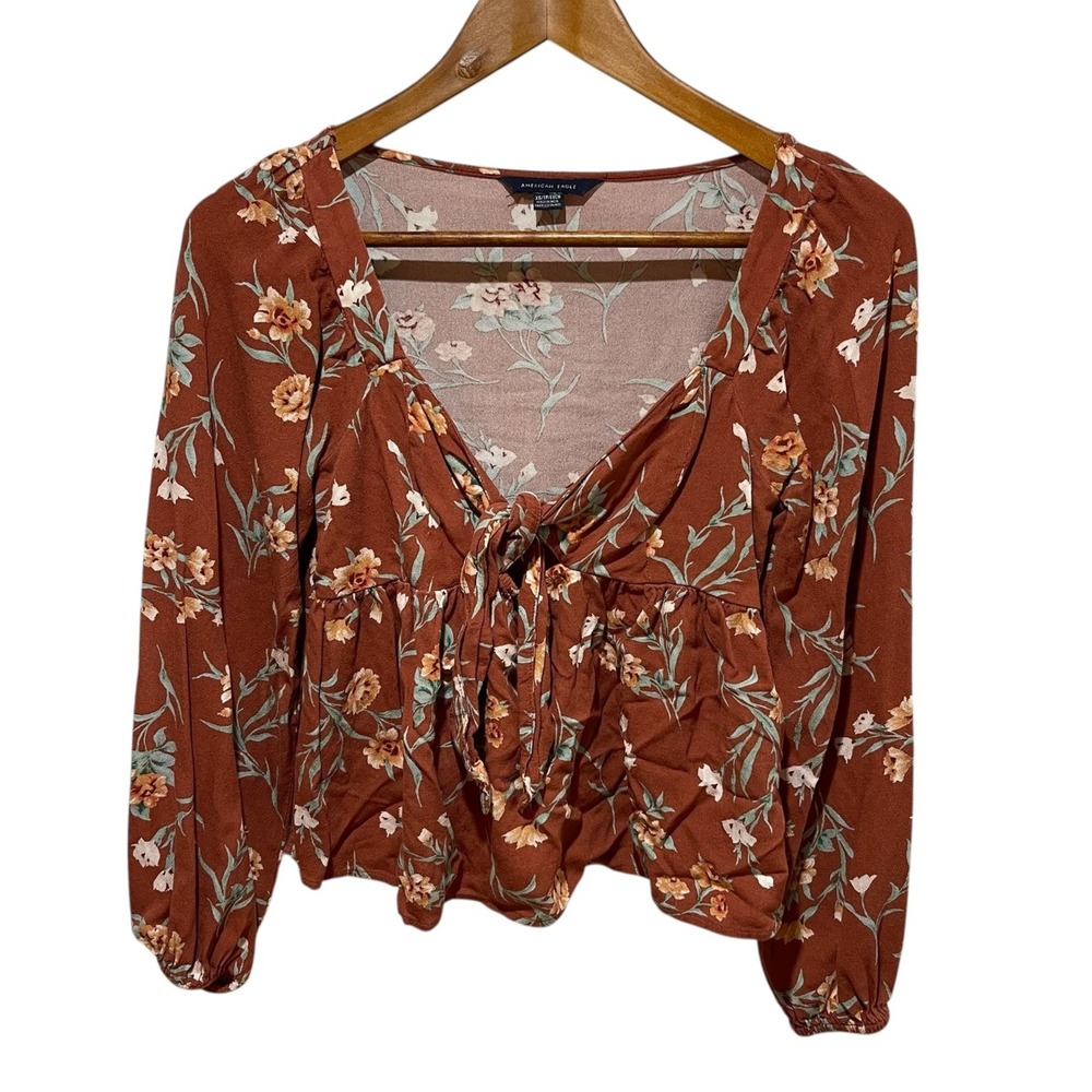 American Eagle Blouse Womens XS Floral Tie Front Long Sleeve Boho Peplum Top
